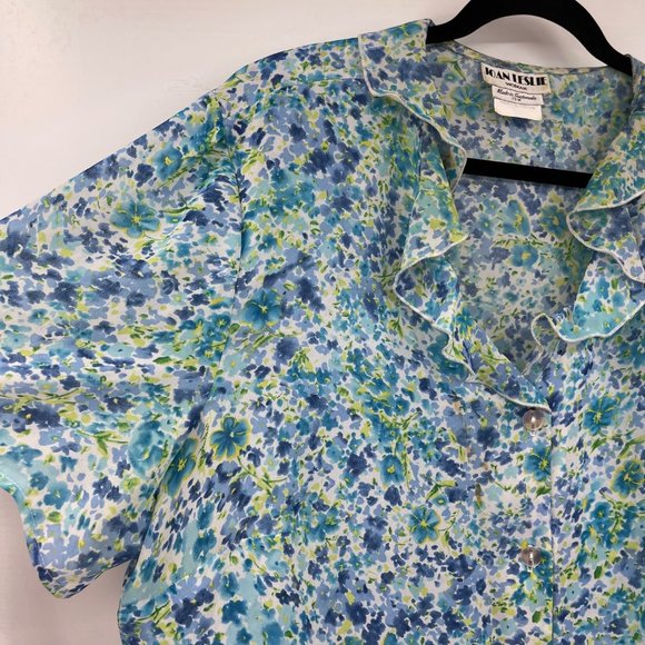 Joan Leslie Skirt Set 22W Blue White Button Down Blouse Floral Vintage - Picture 4 of 16